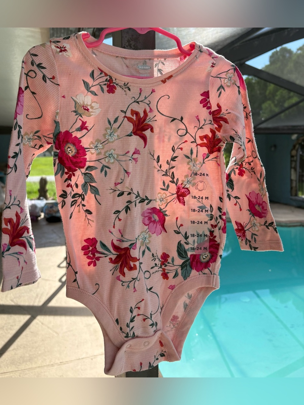 Old Navy Pink Floral Ribbed Long-Sleeve One-Piece Bodysuit